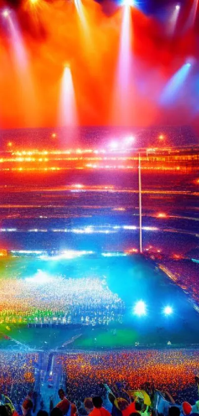 Vibrant concert stadium with colorful lights and energetic atmosphere.