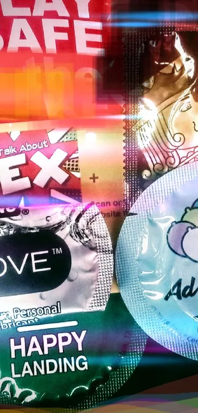 Colorful condom packages wallpaper in vibrant designs.