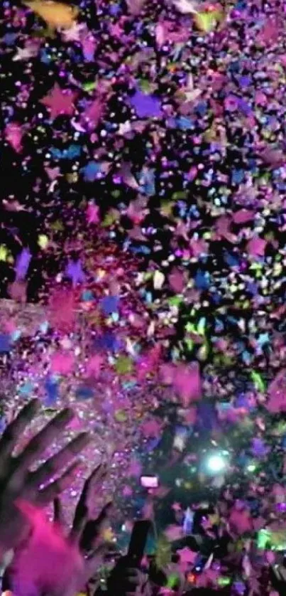 Vibrant confetti falls over a celebratory crowd in purple tones.