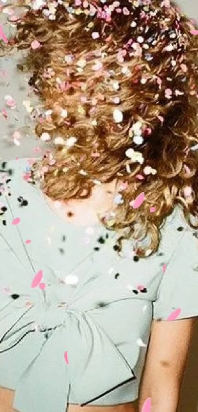 Person twirling in lively confetti shower against a pastel background.