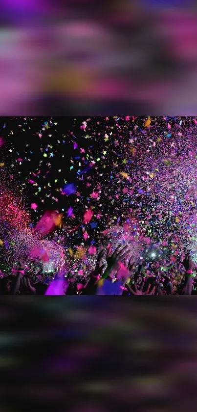 Colorful confetti burst over a lively crowd.