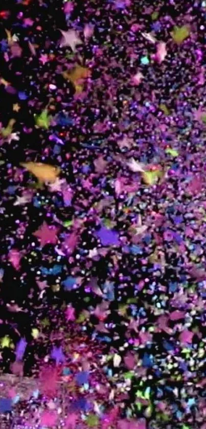 Mobile wallpaper with colorful confetti stars on a dark background.