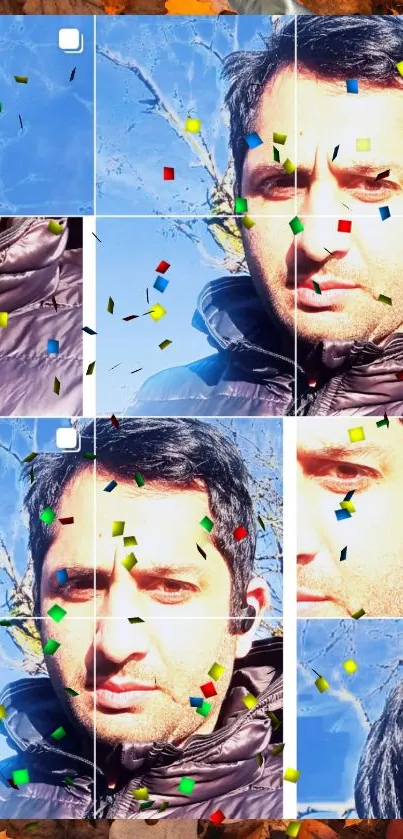 Lively selfie with colorful confetti and blue sky background.