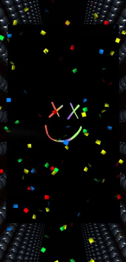 Colorful confetti smiley face on dark background wallpaper.