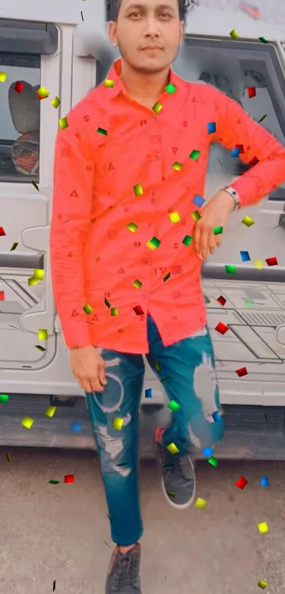 Person in hot pink shirt with confetti background.