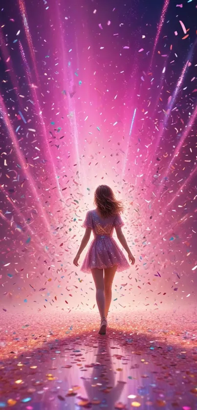 Silhouette amidst vibrant pink confetti with light beams.