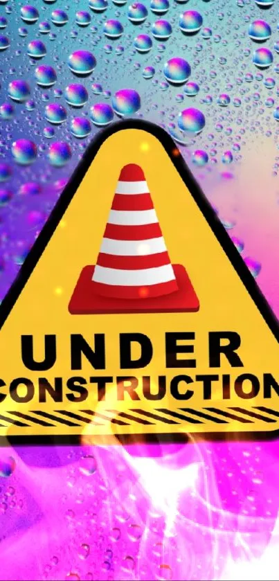 Colorful under construction sign wallpaper with bubbles and gradient background.