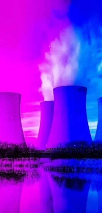 Neon blue and pink industrial cooling towers wallpaper.