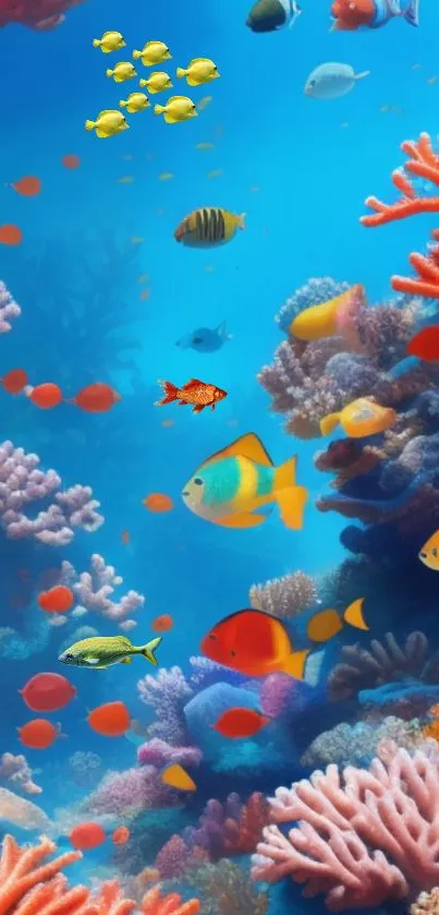 Vibrant underwater coral reef with colorful fish swimming.