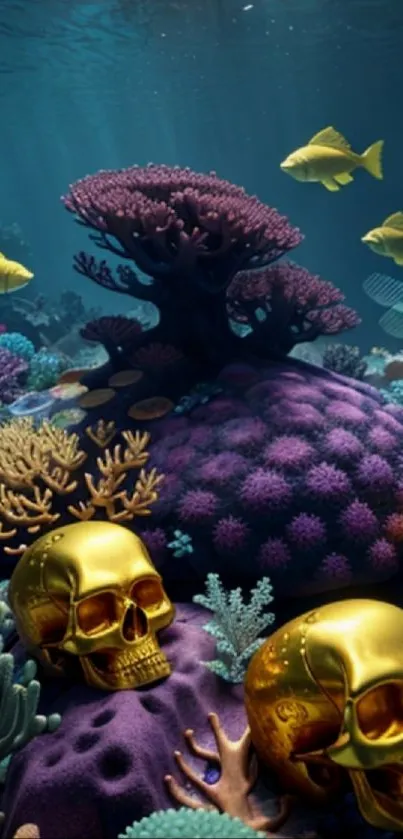 Surreal coral reef with gold skulls and colorful marine life.