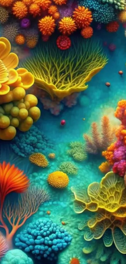 Colorful coral reef abstract art wallpaper with vibrant marine life.