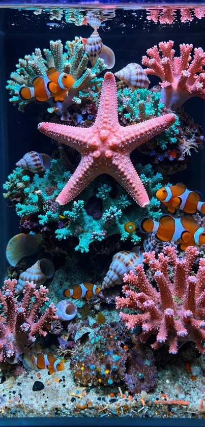 Colorful coral reef with starfish and clownfish.