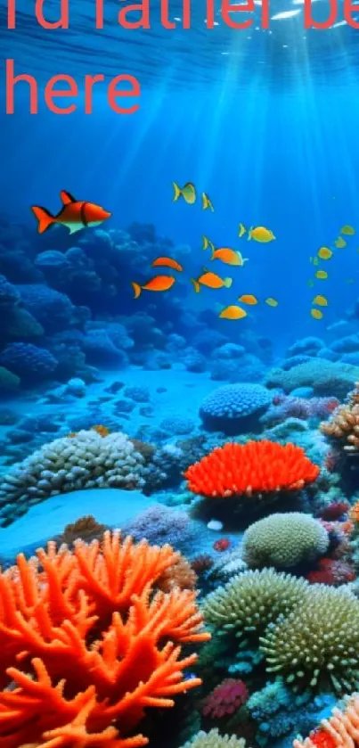 Colorful coral reef with vibrant fish under a blue ocean.