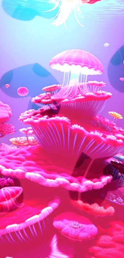 Fantasy coral reef with vibrant colors and glowing jellyfish.