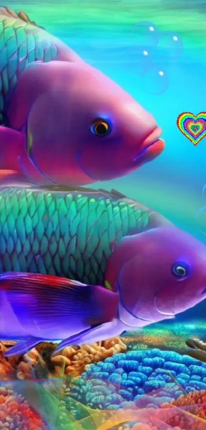 Vibrant fish swimming over colorful coral reef with blue ocean background.