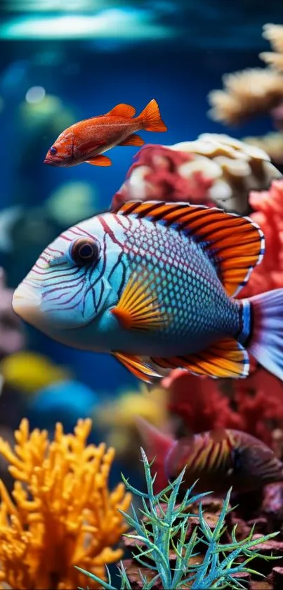 Colorful fish swims in a vibrant coral reef.