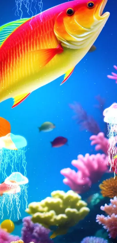 Vibrant fish swimming in a colorful coral reef with clear blue water backdrop.