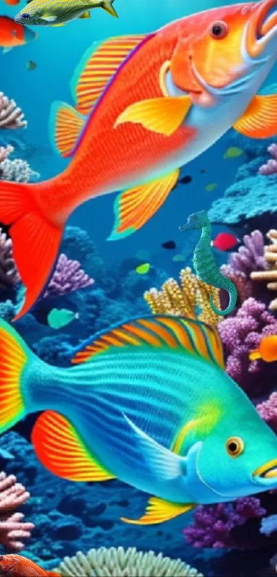 Vibrant coral reef with colorful fish and vivid blue background.