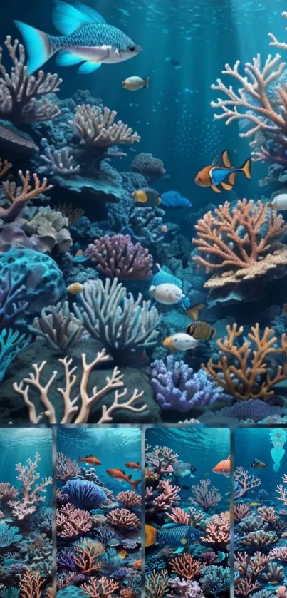 Vibrant underwater coral reef scene with colorful fish.