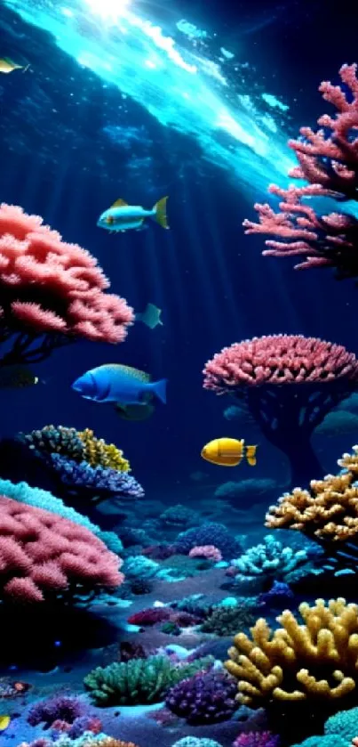 Colorful coral reef with tropical fish in turquoise ocean waters.