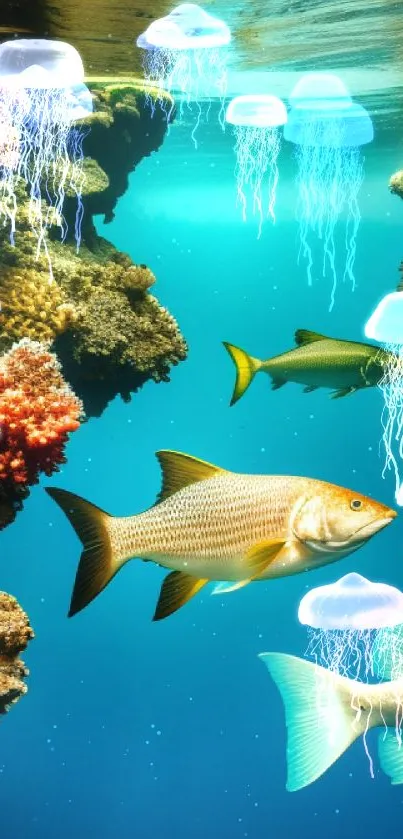 Vibrant coral reef with colorful fish swimming and clear blue water background.