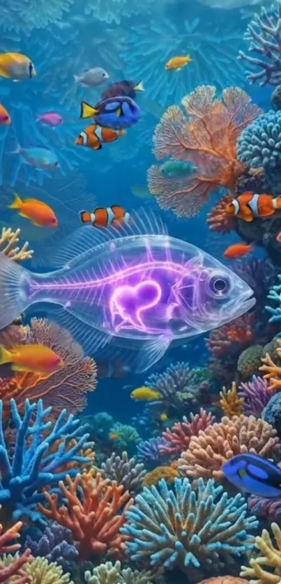 Vibrant coral reef with colorful fish and marine life.