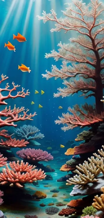 Vibrant coral reef with diverse marine life showcased in colorful underwater scene.