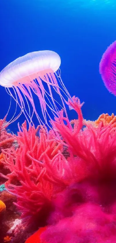 Vibrant coral reef with jellyfish underwater scene.