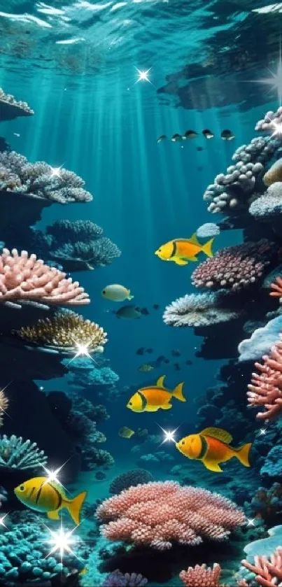 Colorful coral reef with tropical fish in a vibrant underwater scene.