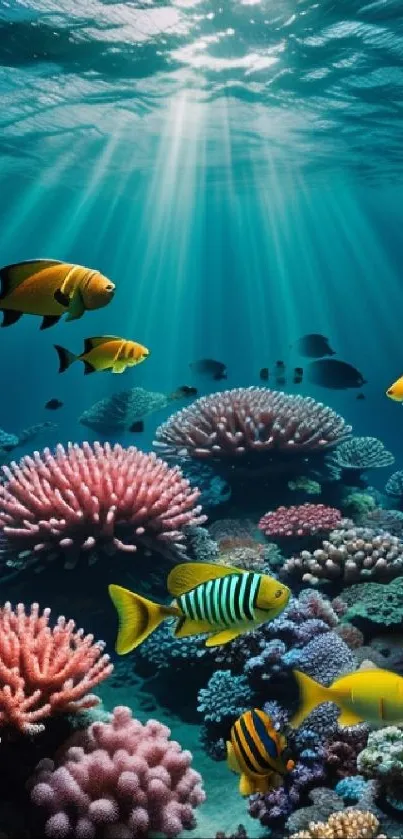 Vivid underwater scene with corals and colorful fish.
