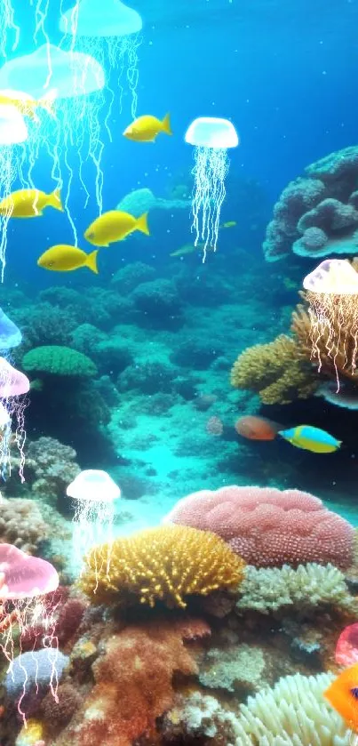 Vibrant coral reef with swimming fish in clear blue ocean water.