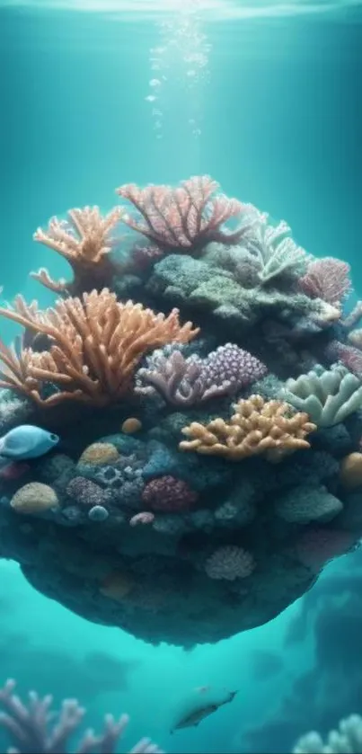 Vibrant coral reef underwater with colorful marine life in teal tones.