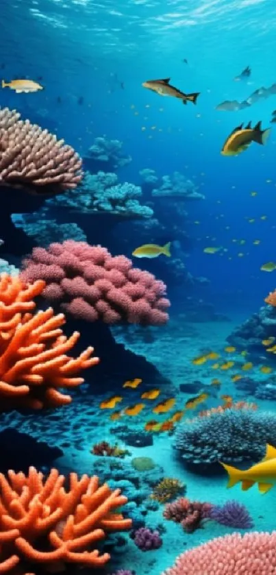 Colorful coral reef with tropical fish in vibrant ocean setting.