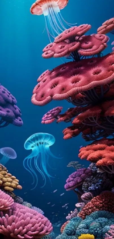 Vibrant coral reef wallpaper with jellyfish and colorful underwater scene.