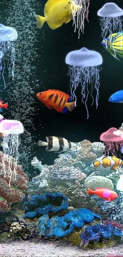 Colorful fish swim around a vibrant coral reef.