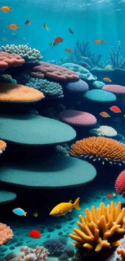 Vibrant coral reef with colorful fish swimming.