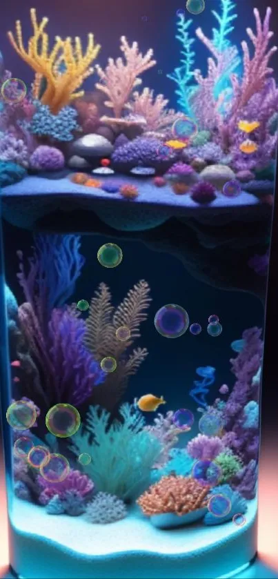 Vibrant coral reef with colorful fish and bubbles mobile wallpaper.