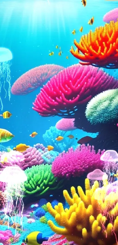 Colorful coral reef with tropical fish in a vibrant underwater scene.