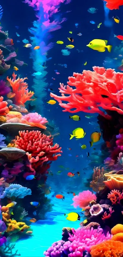 Vibrant coral reef with colorful fish and marine life.