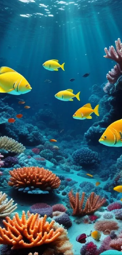 Vibrant coral reef with colorful fish swimming, creating a lively underwater scene.