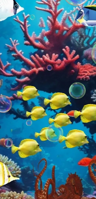 Colorful coral reef with fish and vibrant marine life in an ocean background.