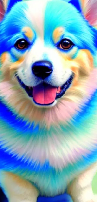 Vibrant corgi in colorful digital art style with blue tones.