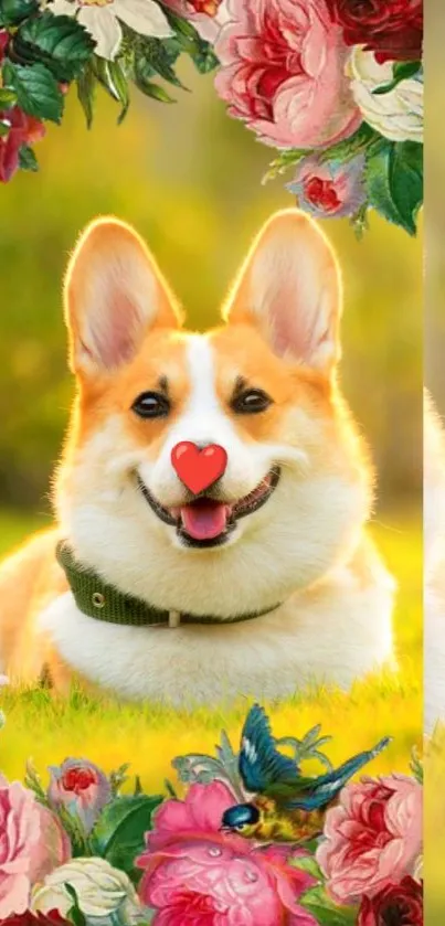 Cheerful corgi in vibrant floral field background.