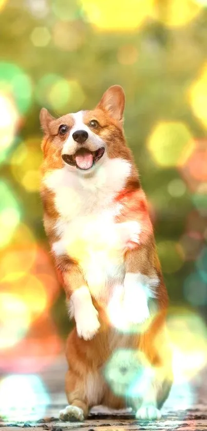 Playful corgi with vibrant bokeh lights in background.