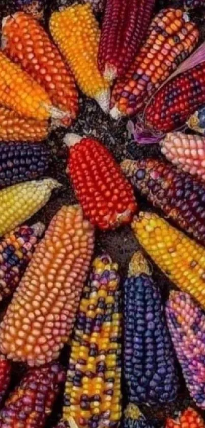 Colorful corn cobs arranged in a circular pattern.