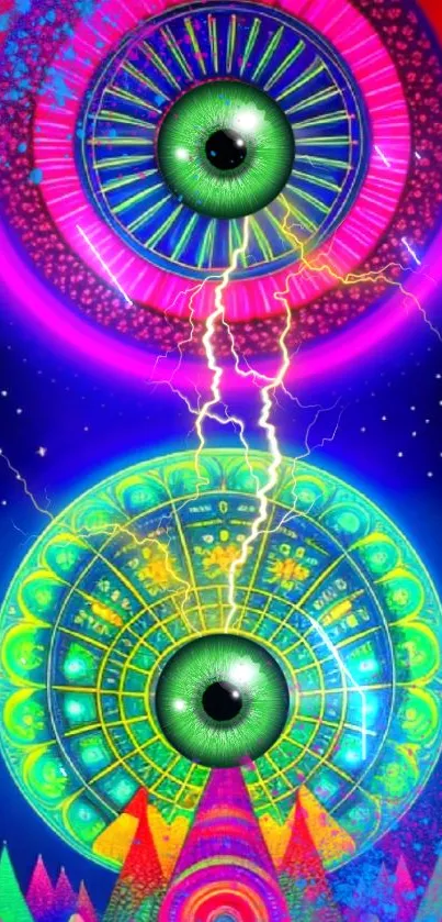 Vibrant cosmic abstract design with neon geometric patterns.