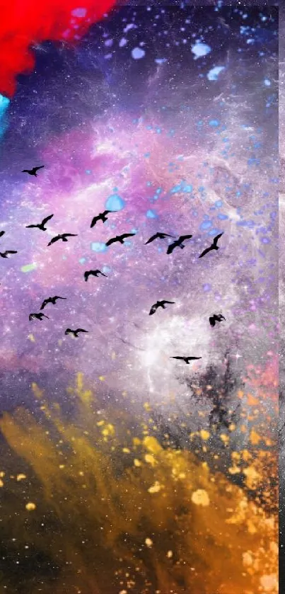 Vibrant cosmic abstract wallpaper with colorful galaxies and flying silhouettes.