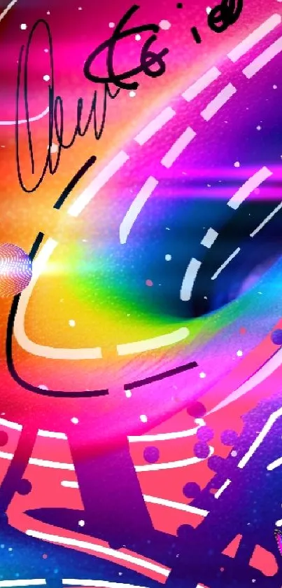 Vibrant cosmic abstract art with neon colors and dynamic design.