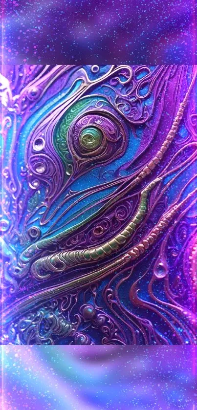 Vibrant purple and blue abstract cosmic wallpaper with intricate patterns.