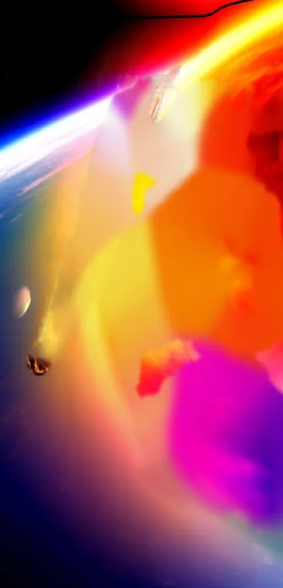 Vibrant cosmic abstract wallpaper with colorful light effects over Earth.
